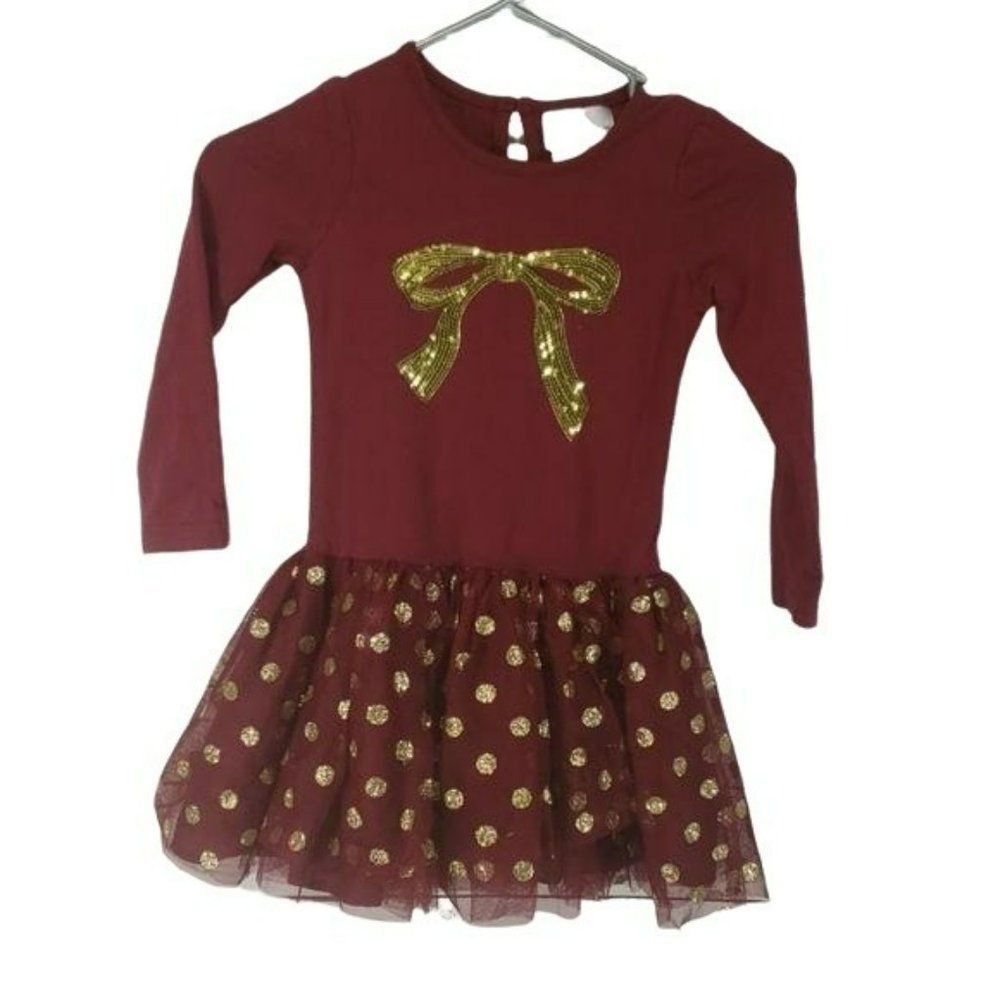 Rare Edition Girl Burgundy Gold Glitter Bow Long Sleeve Tulle Skirt Dress Size 5